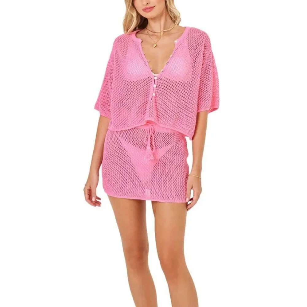 $99 l*space Coast is clear pink crochet beach coverup top NWT XL - Picture 6 of 14